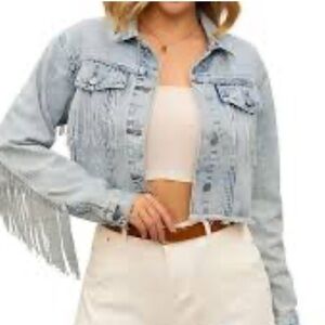 INSPIRE CHIC Fringe Detail Cropped Raw Hem Denim Cowgirl Jean Jacket L NWOT